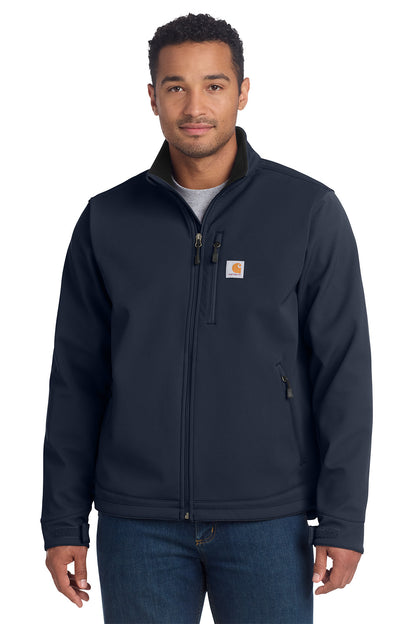Man wearing a navy blue jacket with a visible brand logo on a white background embroidered Carhartt® Crowley Soft Shell Jacket