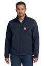Man wearing a navy blue jacket with a visible brand logo on a white background embroidered Carhartt® Crowley Soft Shell Jacket