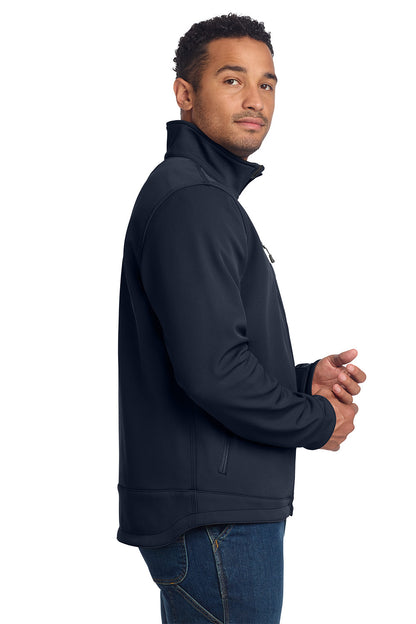 Man wearing a navy blue fleece jacket on a white background embroidered Carhartt® Crowley Soft Shell Jacket
