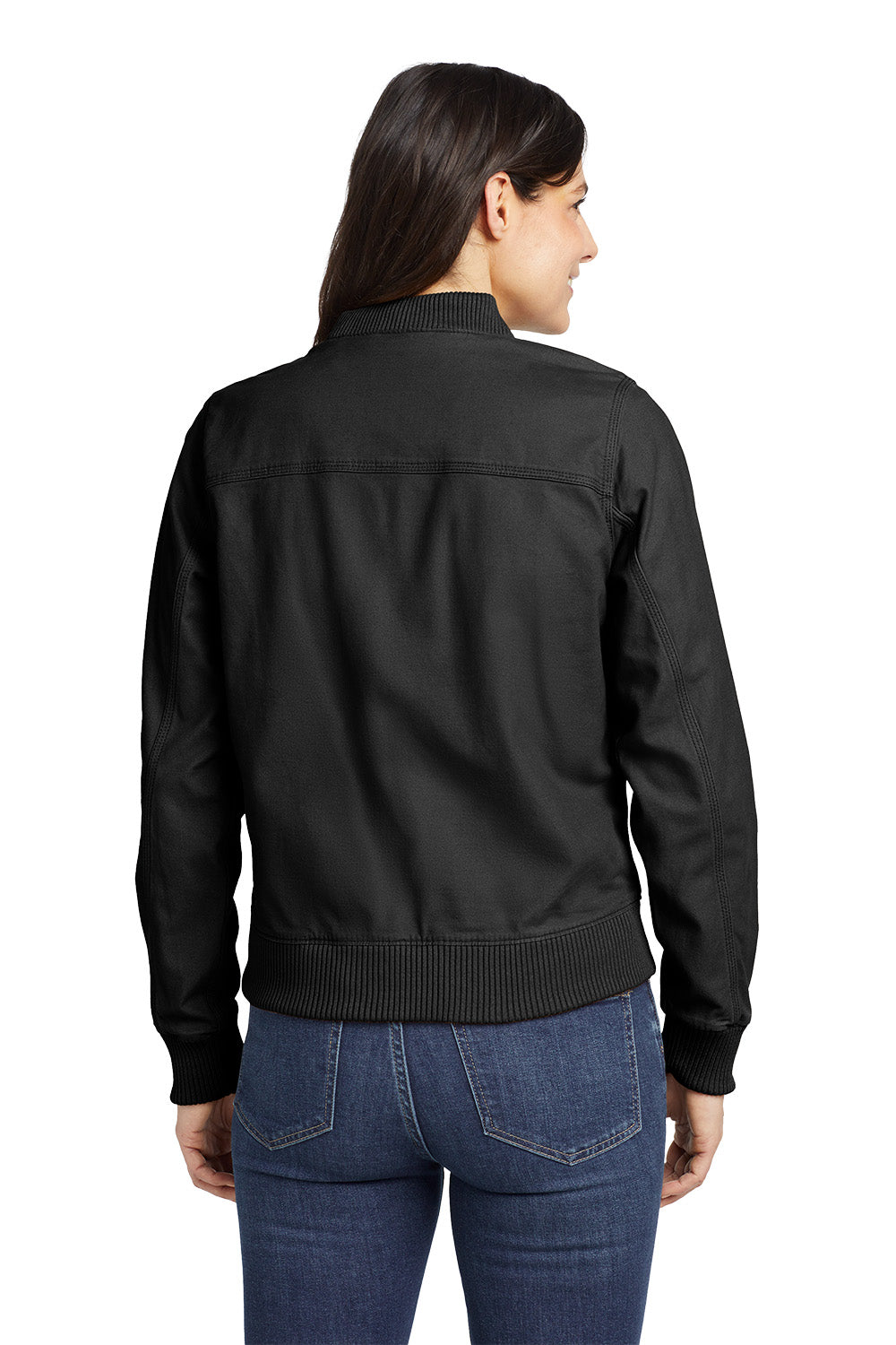 Person wearing a black jacket and blue jeans on a white background  embroidered Carhartt® Women’s Rugged Flex® Crawford Jacket