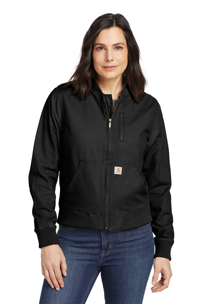 Woman wearing a black jacket and blue jeans on a white background  embroidered Carhartt® Women’s Rugged Flex® Crawford Jacket