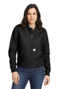 Woman wearing a black jacket and blue jeans on a white background  embroidered Carhartt® Women’s Rugged Flex® Crawford Jacket