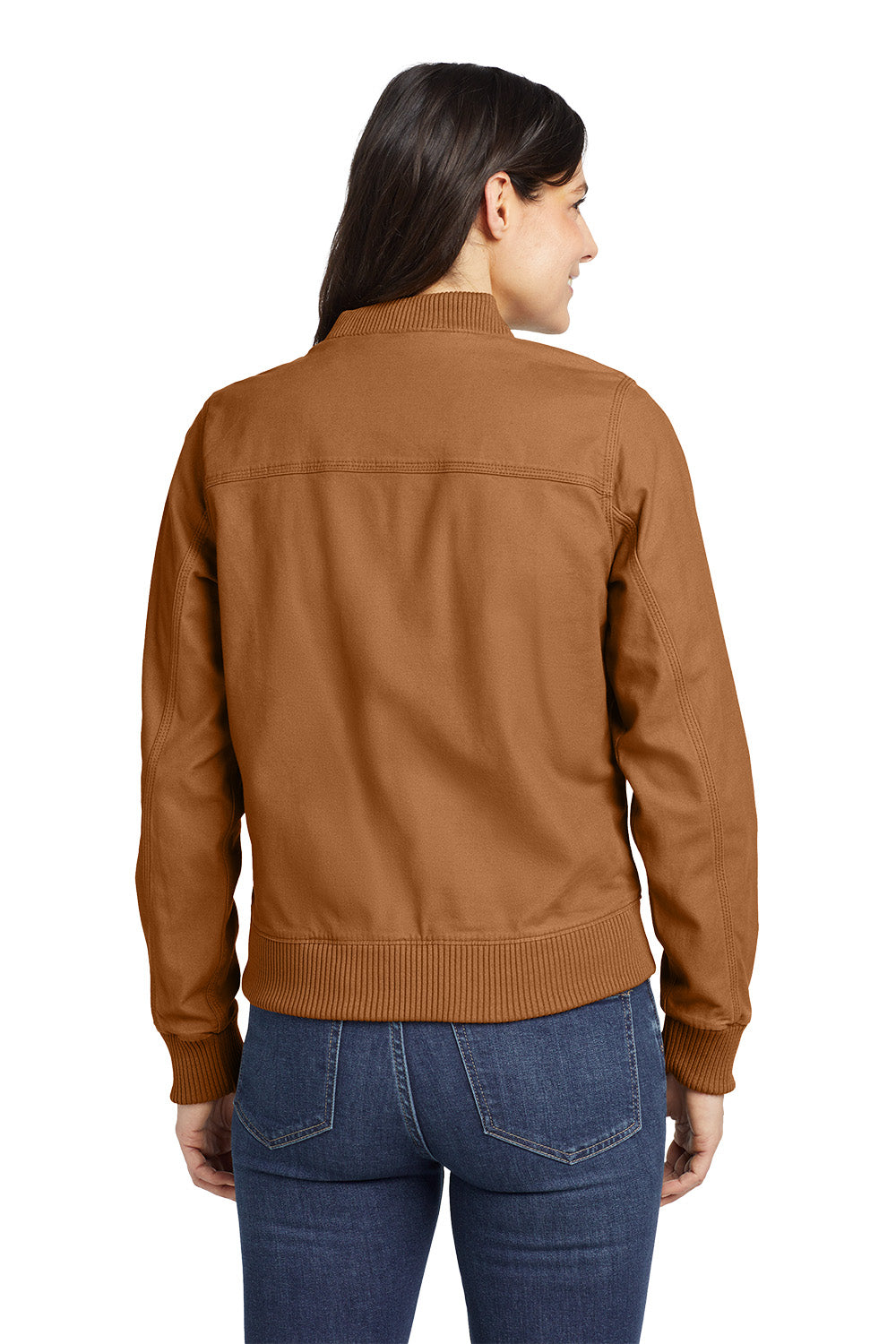 Woman wearing a brown jacket and blue jeans on a white background  embroidered Carhartt® Women’s Rugged Flex® Crawford Jacket