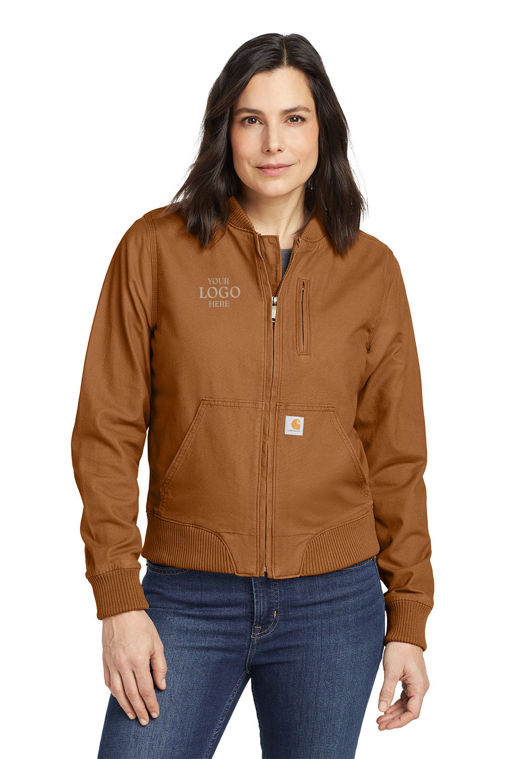 Woman wearing a brown jacket with a logo on a white background embroidered Carhartt® Women’s Rugged Flex® Crawford Jacket