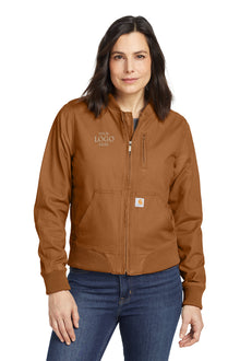 Woman wearing a brown jacket with a logo on a white background embroidered Carhartt® Women’s Rugged Flex® Crawford Jacket