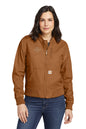 Woman wearing a brown jacket with a logo on a white background embroidered Carhartt® Women’s Rugged Flex® Crawford Jacket