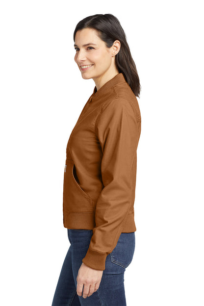 Woman wearing a brown jacket on a white background  embroidered Carhartt® Women’s Rugged Flex® Crawford Jacket