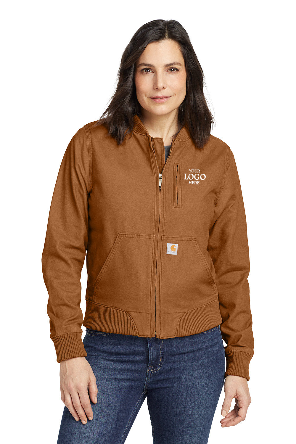 Woman wearing a brown jacket with a logo on a white background embroidered Carhartt® Women’s Rugged Flex® Crawford Jacket