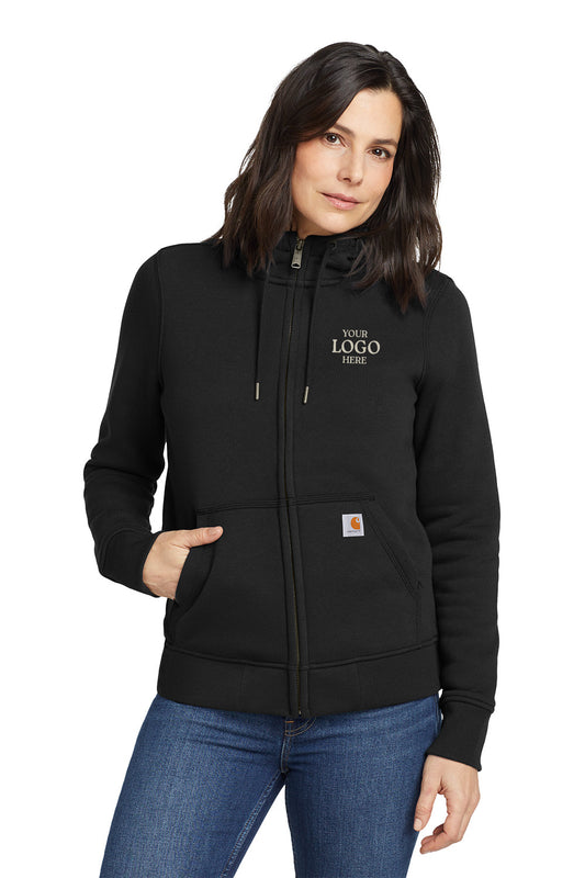 Woman wearing a black hoodie with a customizable logo area on a white background, Embroidered Carhartt® Women’s Clarksburg Full-Zip Hoodie
