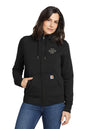 Woman wearing a black hoodie with a customizable logo area on a white background, Embroidered Carhartt® Women’s Clarksburg Full-Zip Hoodie