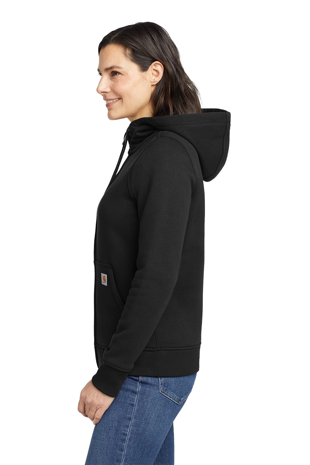 Woman wearing a black hoodie and blue jeans on a white background, Embroidered Carhartt® Women’s Clarksburg Full-Zip Hoodie