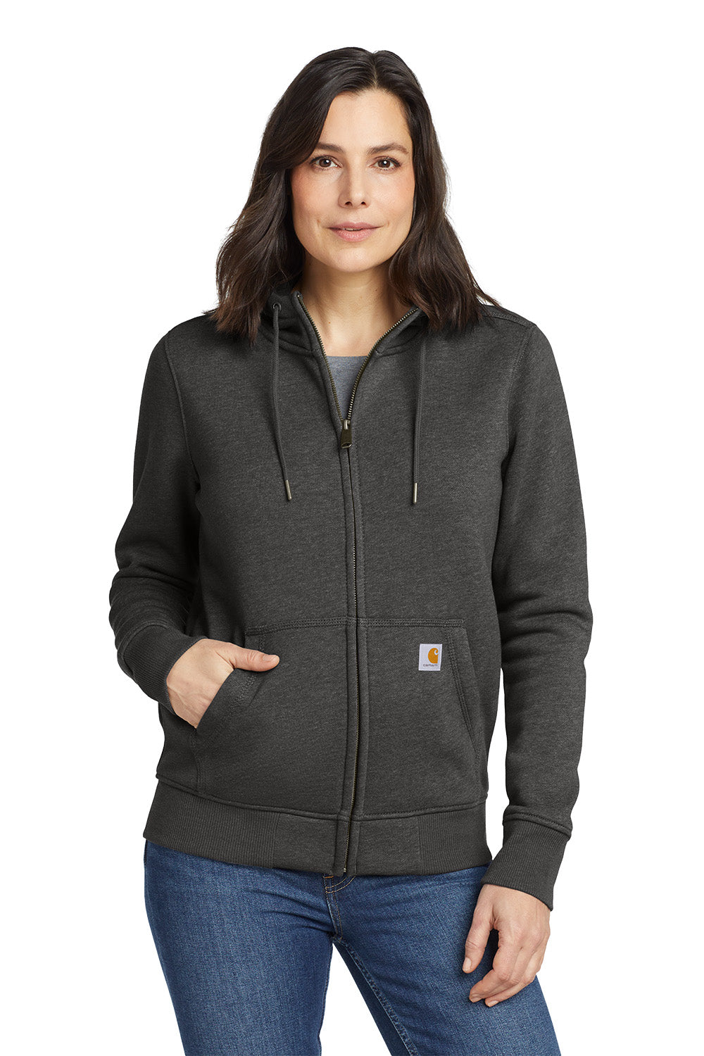 Woman wearing a dark gray hoodie with a visible brand logo on a white background, Embroidered Carhartt® Women’s Clarksburg Full-Zip Hoodie