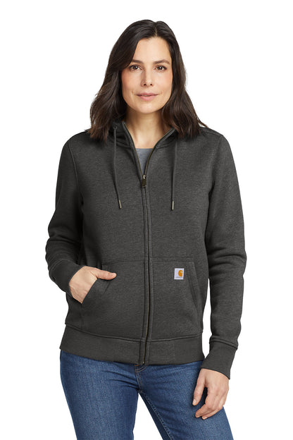 Woman wearing a dark gray hoodie with a visible brand logo on a white background, Embroidered Carhartt® Women’s Clarksburg Full-Zip Hoodie