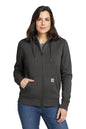 Woman wearing a dark gray hoodie with a visible brand logo on a white background, Embroidered Carhartt® Women’s Clarksburg Full-Zip Hoodie
