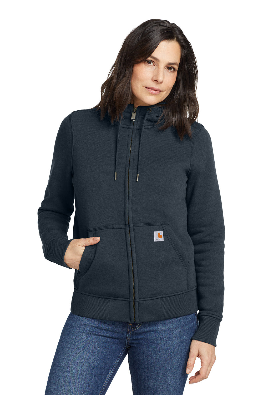 Woman wearing a navy blue hoodie with a white background, Embroidered Carhartt® Women’s Clarksburg Full-Zip Hoodie