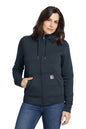 Woman wearing a navy blue hoodie with a white background, Embroidered Carhartt® Women’s Clarksburg Full-Zip Hoodie