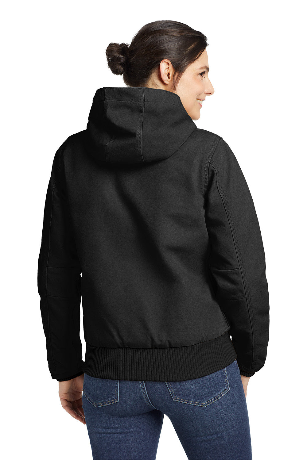 Person wearing a black hoodie from behind on a white background embroidered Carhartt® Women’s Washed Duck Active Jac