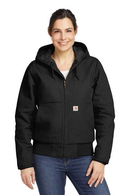 Woman wearing a black jacket with a hood on a white background embroidered Carhartt® Women’s Washed Duck Active Jac