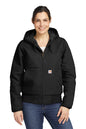 Woman wearing a black jacket with a hood on a white background embroidered Carhartt® Women’s Washed Duck Active Jac