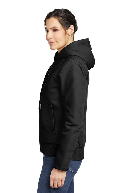 Woman wearing a black hoodie on a white background embroidered Carhartt® Women’s Washed Duck Active Jac