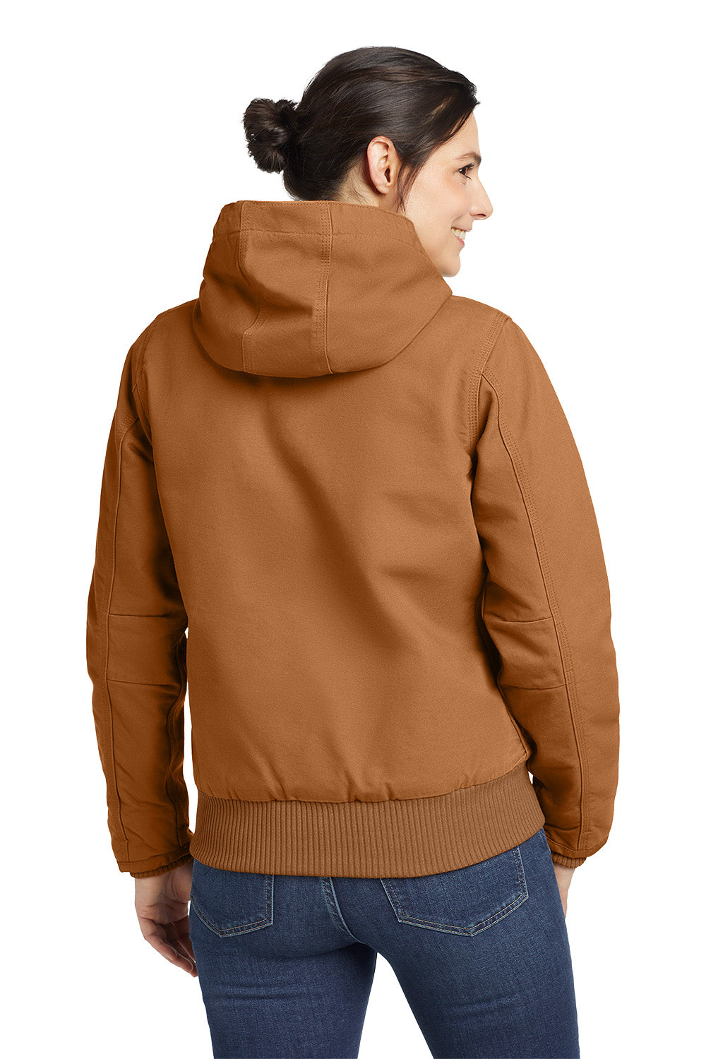 Person wearing a brown jacket with a hood on a white background embroidered Carhartt® Women’s Washed Duck Active Jac
