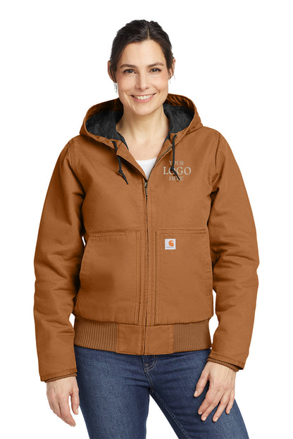 Woman wearing a brown jacket with a visible brand logo on a white background embroidered Carhartt® Women’s Washed Duck Active Jac