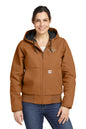 Woman wearing a brown jacket with a visible brand logo on a white background embroidered Carhartt® Women’s Washed Duck Active Jac