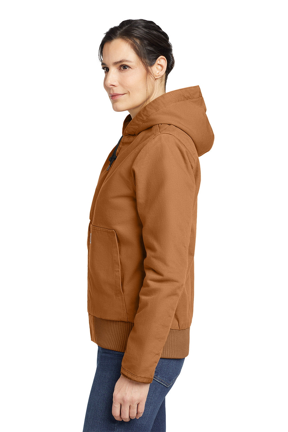 Woman wearing a brown hoodie on a white background embroidered Carhartt® Women’s Washed Duck Active Jac