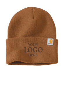 Brown knit beanie with 'Your Logo Here' text and Carhartt logo on a white background