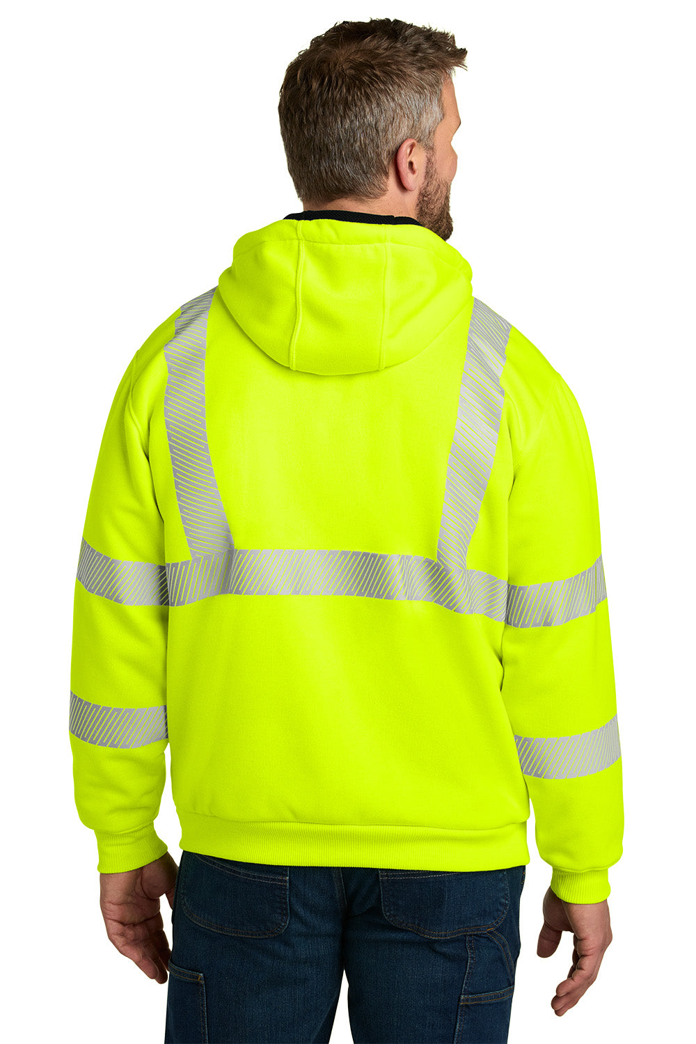 Person wearing a bright yellow safety hoodie with reflective stripes on a white background Carhartt® ANSI 107 Class 3 Lined Full-Zip Sweatshirt, Embroidered
