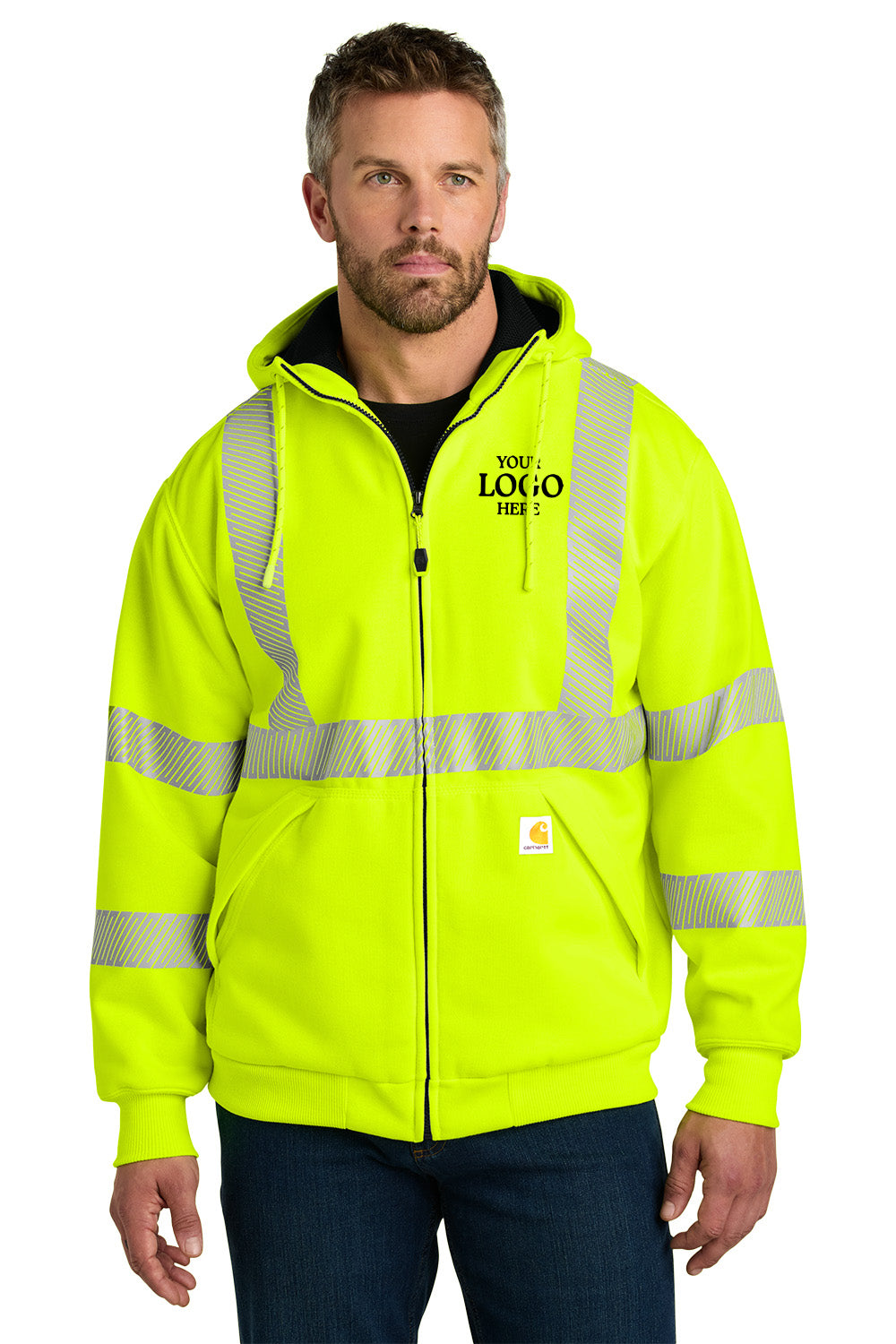 Man wearing a bright yellow safety jacket with reflective stripes on a white background Carhartt® ANSI 107 Class 3 Lined Full-Zip Sweatshirt, Embroidered