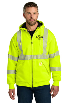 Man wearing a bright yellow safety jacket with reflective stripes on a white background Carhartt® ANSI 107 Class 3 Lined Full-Zip Sweatshirt, Embroidered