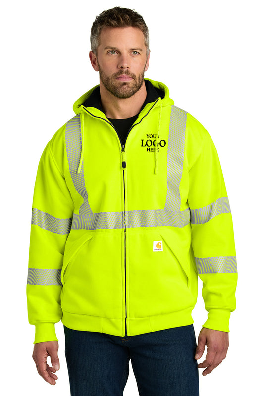 Man wearing a bright yellow safety jacket with reflective stripes on a white background Carhartt® ANSI 107 Class 3 Lined Full-Zip Sweatshirt, Embroidered