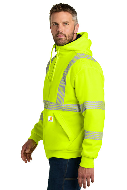 Man wearing a bright yellow high-visibility hoodie on a white background Carhartt® ANSI 107 Class 3 Lined Full-Zip Sweatshirt, Embroidered