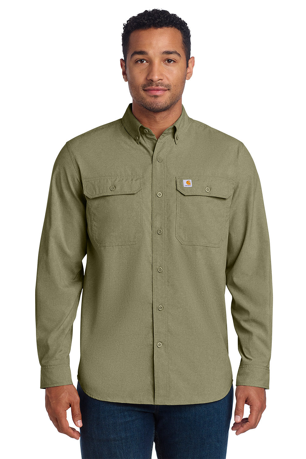 Man wearing a green Carhartt shirt on a white background embroidered Carhartt Force® Solid Long Sleeve Shirt