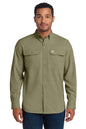 Man wearing a green Carhartt shirt on a white background embroidered Carhartt Force® Solid Long Sleeve Shirt