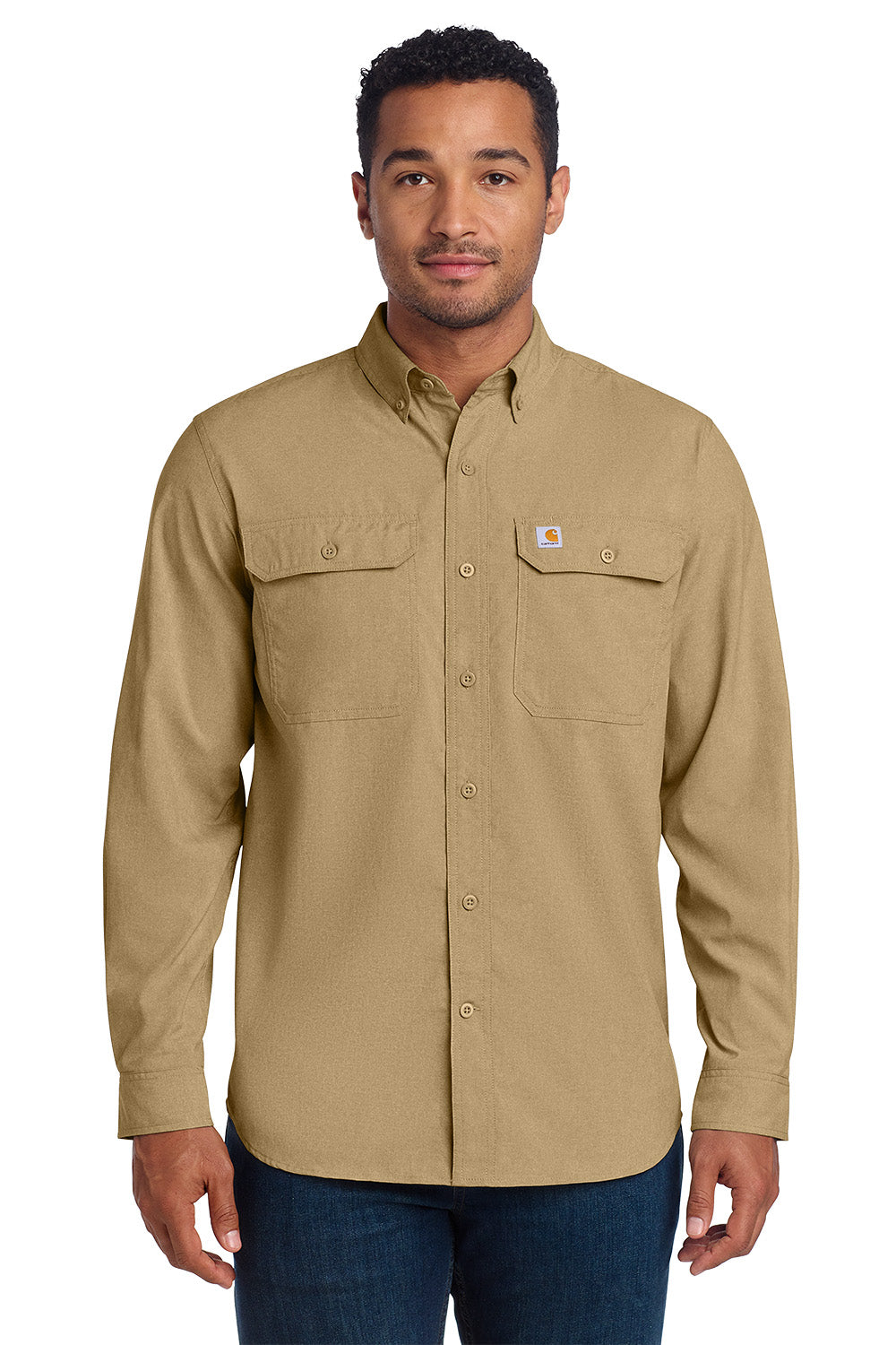 Man wearing a beige Carhartt long-sleeve shirt on a white background embroidered Carhartt Force® Solid Long Sleeve Shirt
