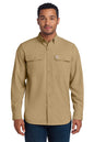 Man wearing a beige Carhartt long-sleeve shirt on a white background embroidered Carhartt Force® Solid Long Sleeve Shirt