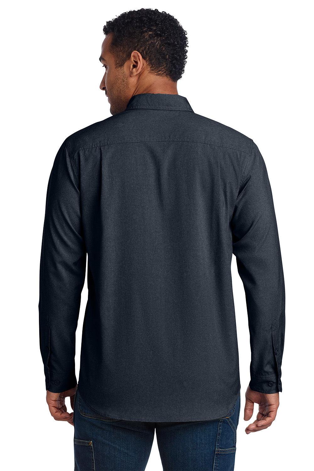 Man wearing a black long-sleeve shirt on a white background embroidered Carhartt Force® Solid Long Sleeve Shirt