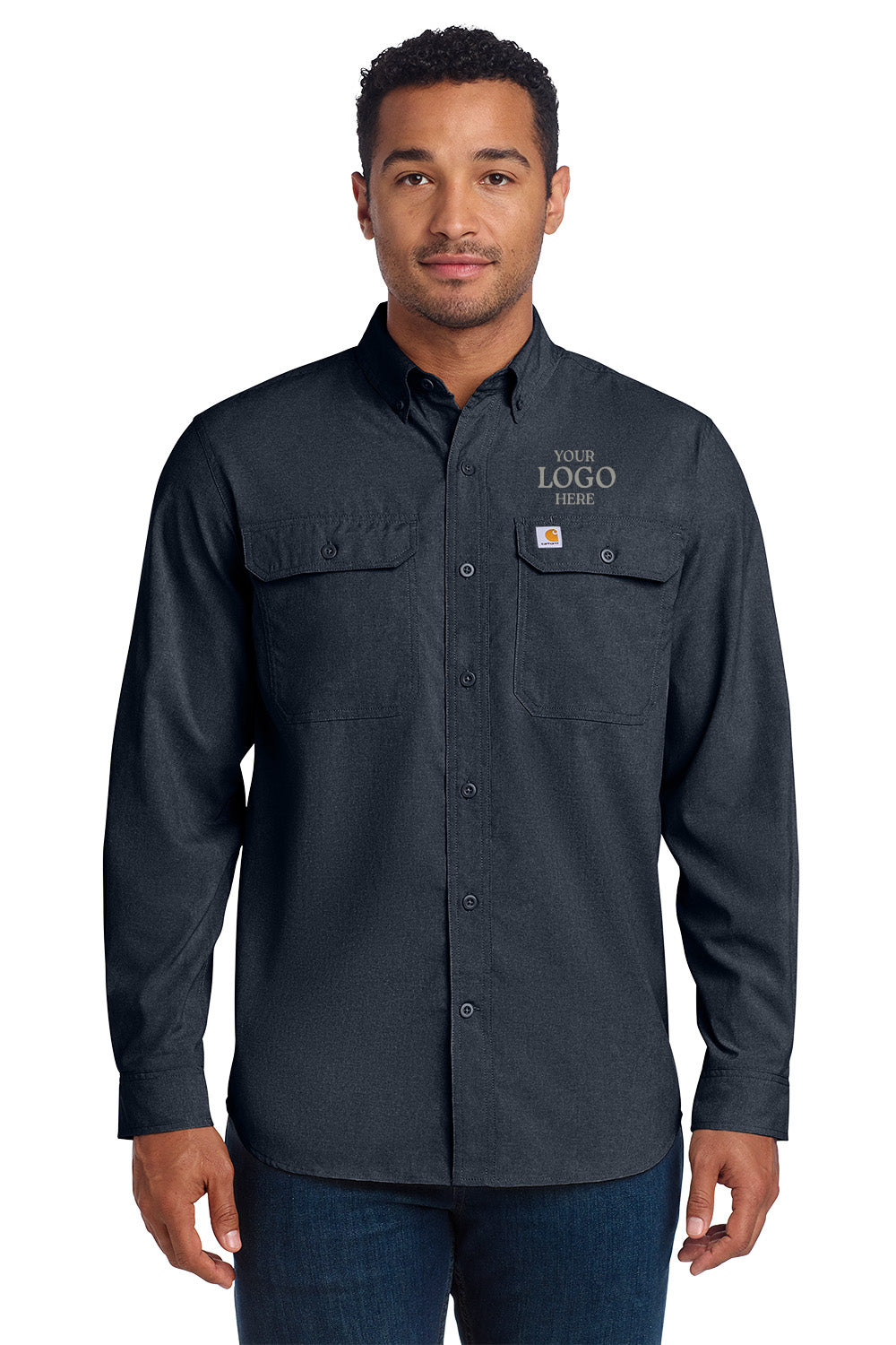 Man wearing a dark gray button-up shirt with 'Carhartt' logo on a white background embroidered Carhartt Force® Solid Long Sleeve Shirt