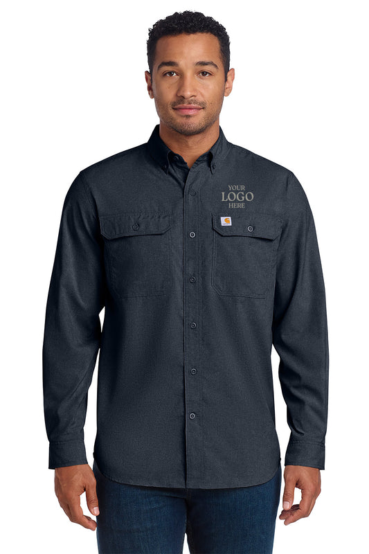 Man wearing a dark gray button-up shirt with 'Carhartt' logo on a white background embroidered Carhartt Force® Solid Long Sleeve Shirt