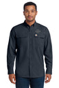 Man wearing a dark gray button-up shirt with 'Carhartt' logo on a white background embroidered Carhartt Force® Solid Long Sleeve Shirt