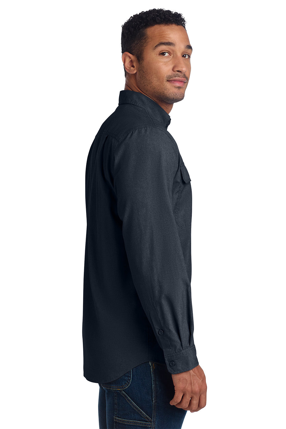 Man wearing a dark gray long-sleeve shirt on a white background embroidered Carhartt Force® Solid Long Sleeve Shirt