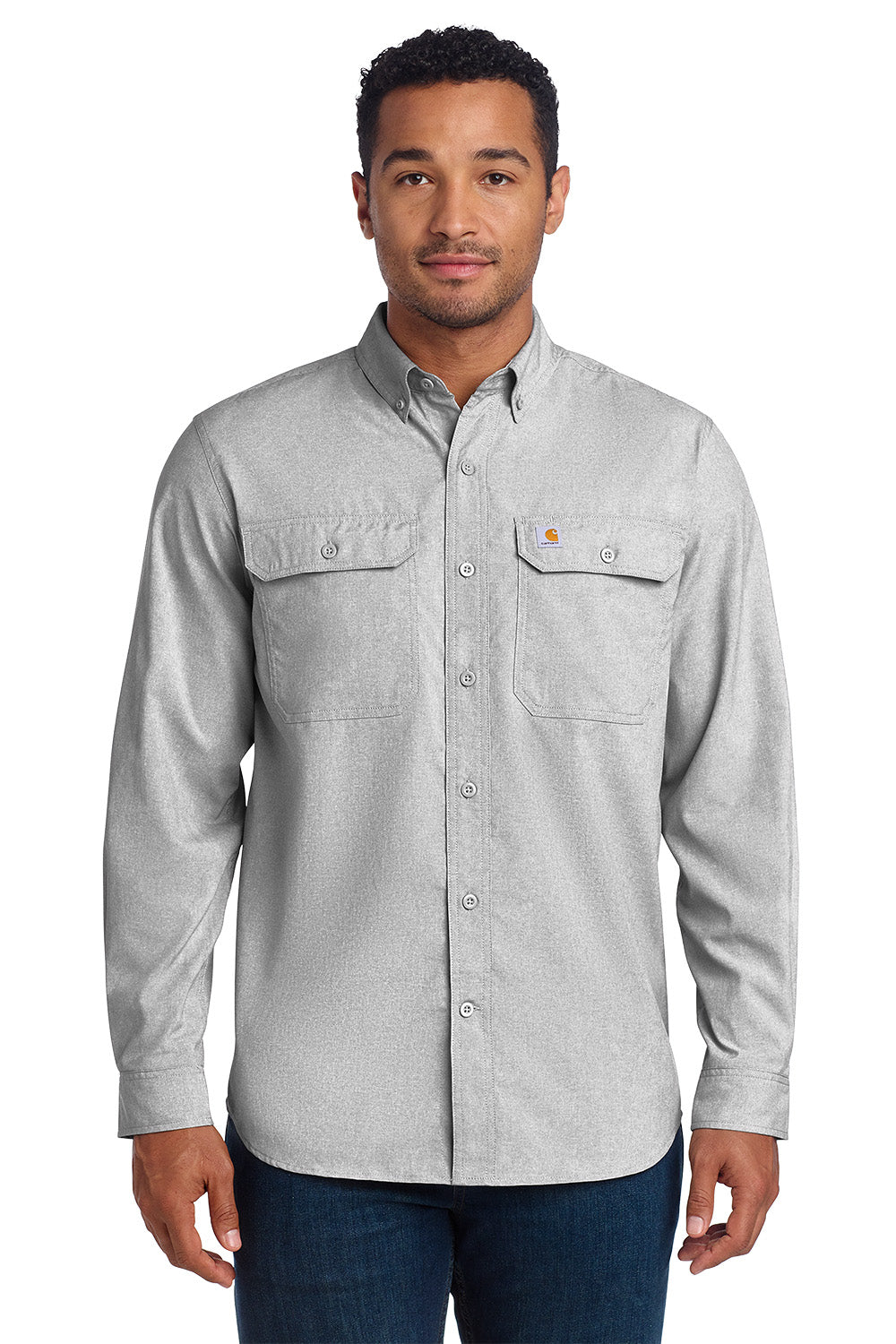 Man wearing a gray button-up shirt on a white background embroidered Carhartt Force® Solid Long Sleeve Shirt
