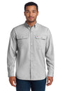 Man wearing a gray button-up shirt on a white background embroidered Carhartt Force® Solid Long Sleeve Shirt