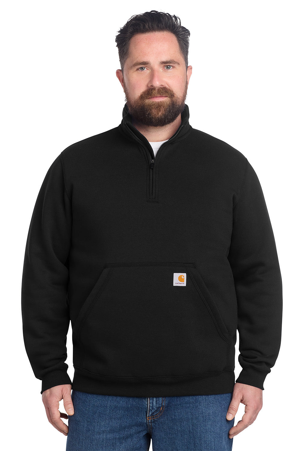 Man wearing a black Carhartt sweatshirt on a white background, Embroidered Carhartt® Midweight 1/4-Zip Mock Neck Sweatshirt