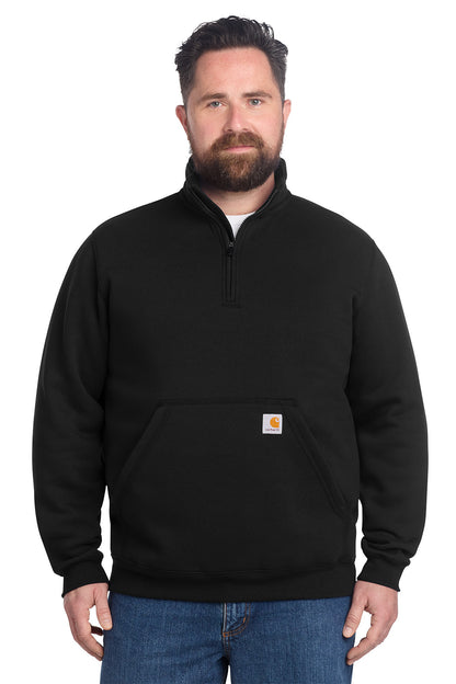 Man wearing a black Carhartt sweatshirt on a white background, Embroidered Carhartt® Midweight 1/4-Zip Mock Neck Sweatshirt