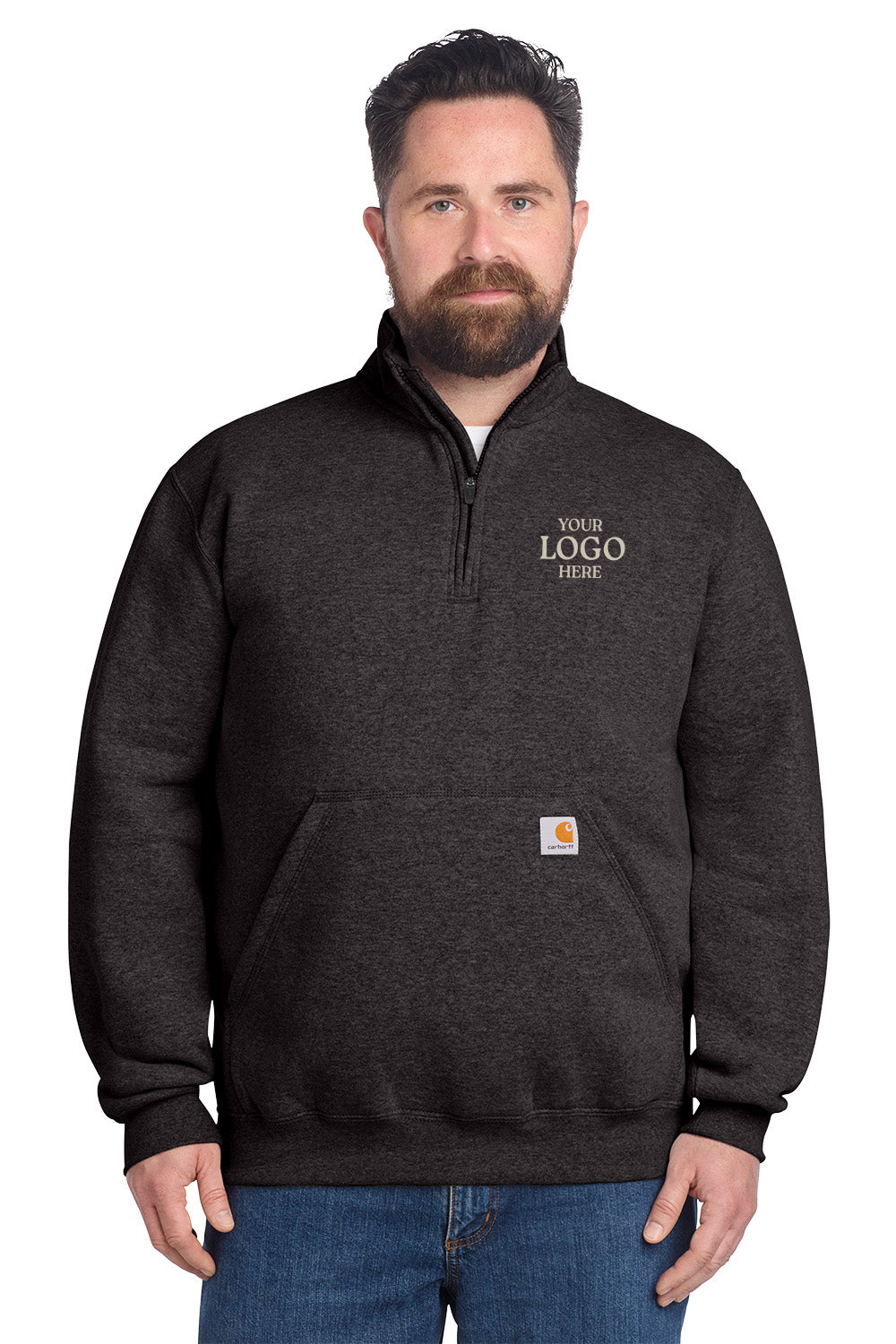 Man wearing a black pullover with 'Your Logo Here' text on a white background, Embroidered Carhartt® Midweight 1/4-Zip Mock Neck Sweatshirt