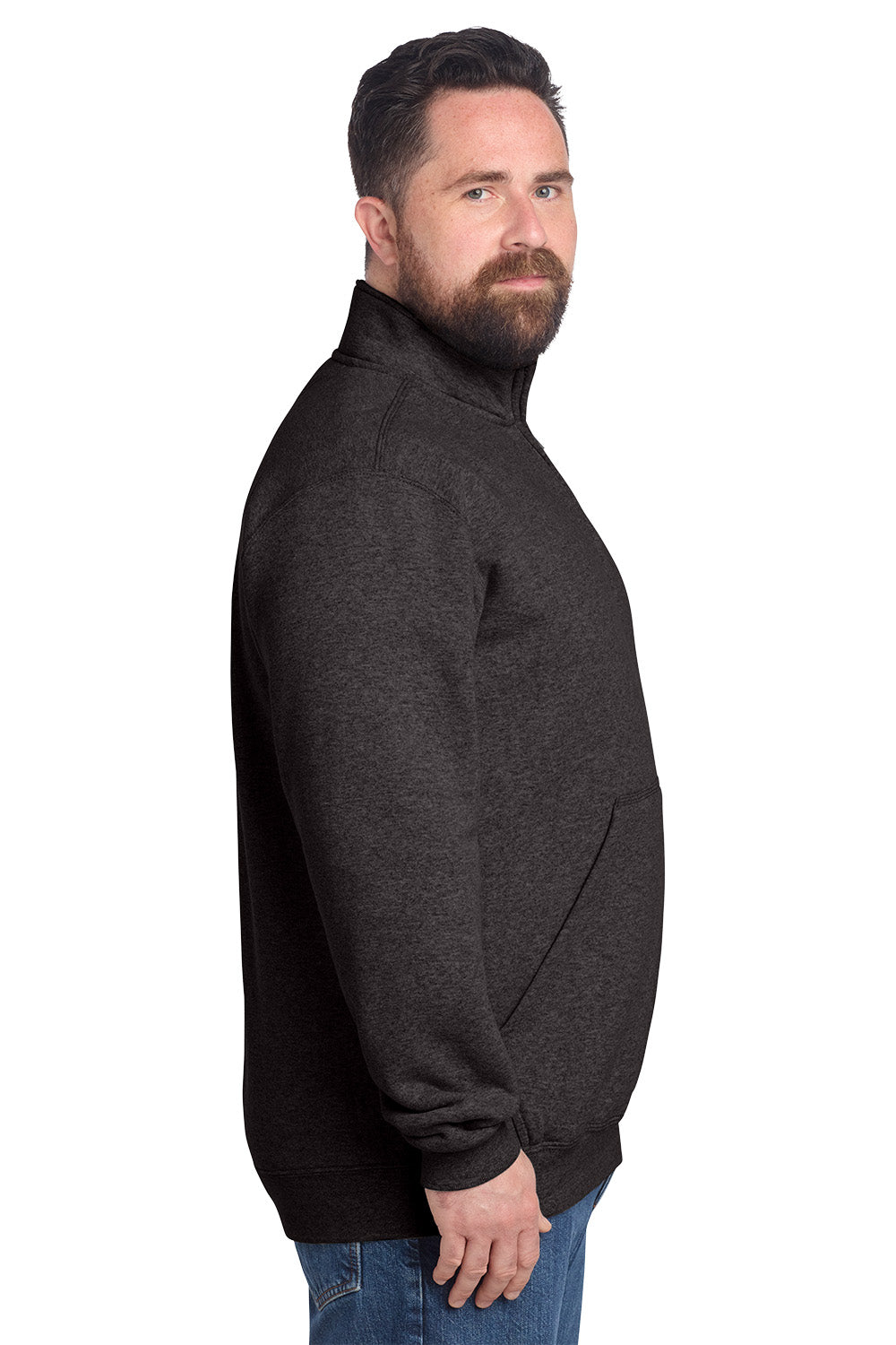 Man wearing a dark gray fleece jacket on a white background, Embroidered Carhartt® Midweight 1/4-Zip Mock Neck Sweatshirt