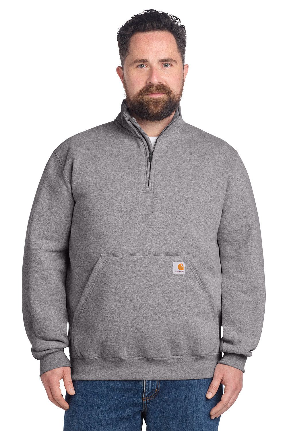 Man wearing a gray pullover with a brand logo on a white background, Embroidered Carhartt® Midweight 1/4-Zip Mock Neck Sweatshirt